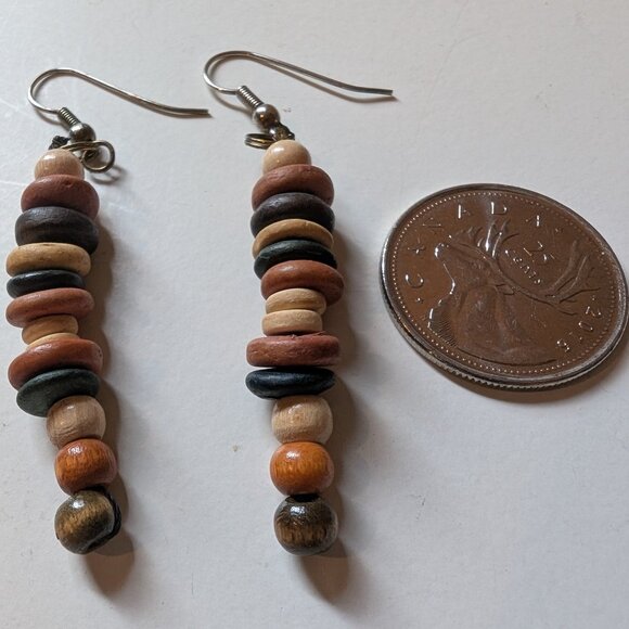 Vintage Silver Tone Brown Wooden Bead Tribal Ethnic Statement Earrings - Picture 3 of 3